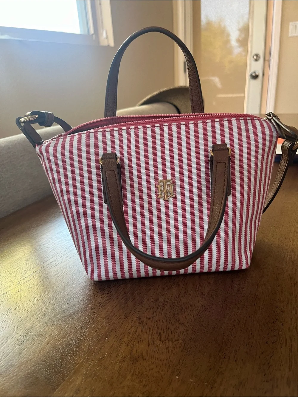 Tommy Hilfiger Red & White Striped Satchel with Brown Trim